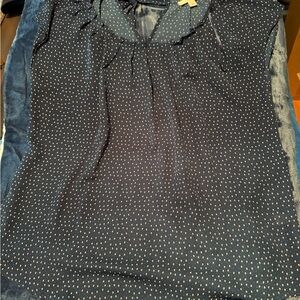 LC Lauren Conrad Navy Blouse with Cream Dot Print